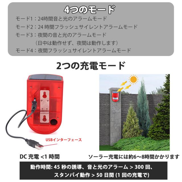 太陽警告灯 4パック 屋外 防水 ソーラー充電 防犯アラーム 警報機 人感センサー LEDフラッシュ129dBサイレンサウンド ストロボレッド ワ_4