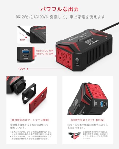BESTEK 正弦波 インバーター シガーソケット コンセント 300W DC12VをAC100Vに変換 USB2ポート搭載：USB-C PD 30W USB-A PD 18W ACコンセ_1