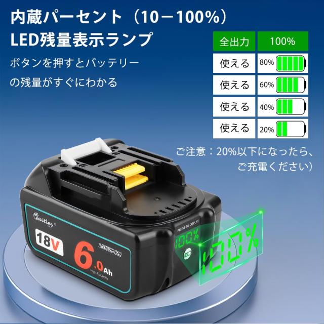 Waitley2個セットマキタ 互換 バッテリー BL1860B 18V 6.0Ah 電動工具用 バッテリー 大容量電池LEDデジタル残量表示_1