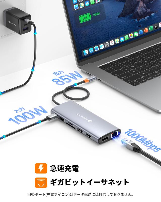 14-in-1 8K@30Hz 3画面出力 デュアル 4K@60Hz 40cm延長ケーブル USB C type-c ドッキングステーション NOVOO USB C ハブ【DP+2 HDMI+5 US_5