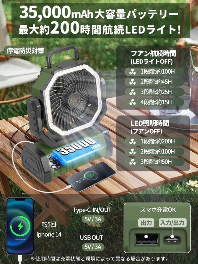 【35,000mAh・LED？ファン・首振り】SUKITEN キャンプ 扇風機 充電式 アウトドア扇風機 DCモーター 静音 コードレス 充電式ファン 吊り下_2