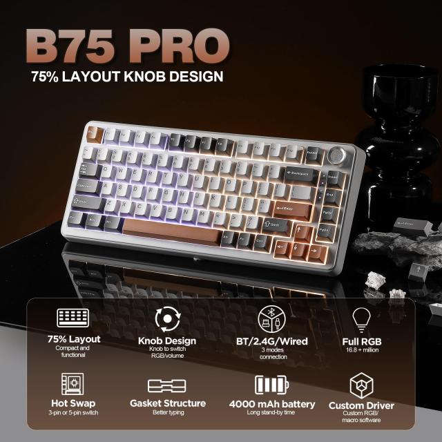 YUNZII B75 PRO 75% ガスケットゲーミングキーボード 無線メカニカル