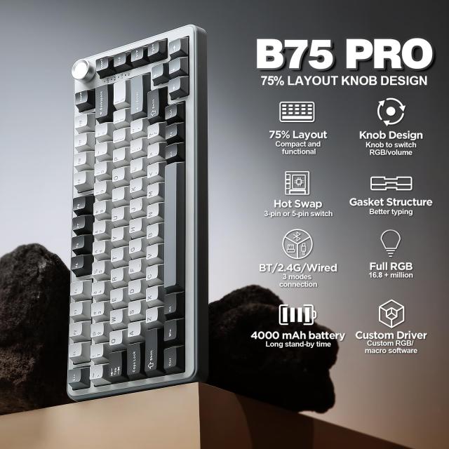 YUNZII B75 PRO 75% ガスケットゲーミングキーボード 無線メカニカル
