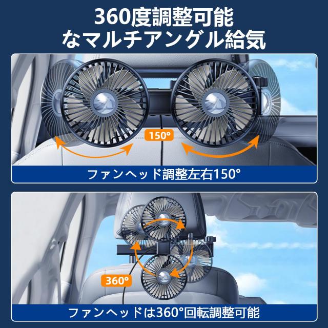 PANPHEN車扇風機後部座席風量3段階調節360°回転可能デュアルファン低騒音車用扇風機5 v/2 A USB延長配線折り畳みブラケット付き汎用車載の通販は