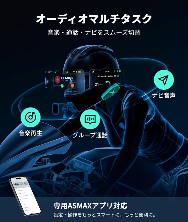 ASMAX F1 バイク インカム 10人同時通話 5GとMeshを自動切替 音声