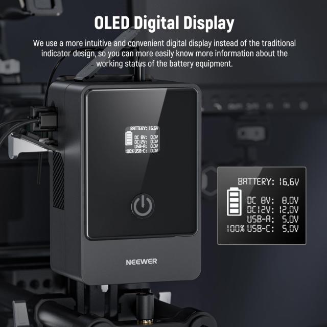 NEEWER Vマウントバッテリー 6800mAh 99Wh 14.5V ミニVロック電池 65W D Tapケーブル/BP/65W PD Type C/USB A/デュアルDC/OLEDディスプレ