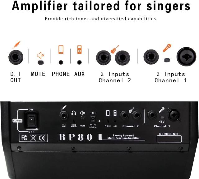 Coolmusic BP80 バッテリー駆動アコースティックギターアンプ - ポータブル BT アンプ 100W、6 入力、3 バンド EQ、ブラック_3