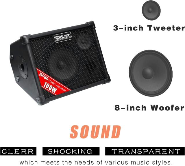 Coolmusic BP80 バッテリー駆動アコースティックギターアンプ - ポータブル BT アンプ 100W、6 入力、3 バンド EQ、ブラック_4
