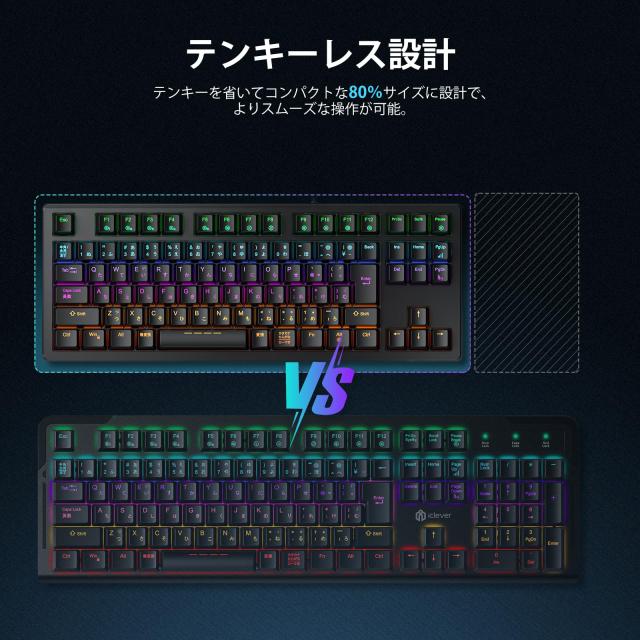 iClever ゲーミングキーボード テンキーレス 茶軸 メカニカル キーボード 日本語配列 有線 91キー 80%サイズ カスタマイズ 24種類 バックの通販は