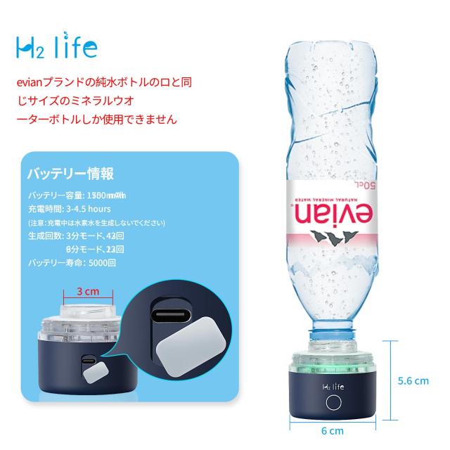 H2 Life 水素水生成器 携帯型 高濃度の水素すい生成器 3200PPB 携帯に