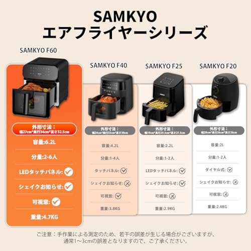 SAMKYO ノンフライヤー 6.2L 大容量 2-5人用 エアフライヤー タッチパネル 可視窓 日本語レシピ付き ノンフライヤー機 快速調理 フライヤ