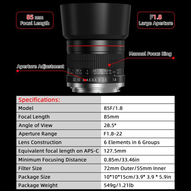Lightdow 85mm F1.8 中望遠レンズ RF-マウント レンズ 対応 キヤノン マニュアルフォーカス フルフレーム ポートレートレンズ for Canon_4