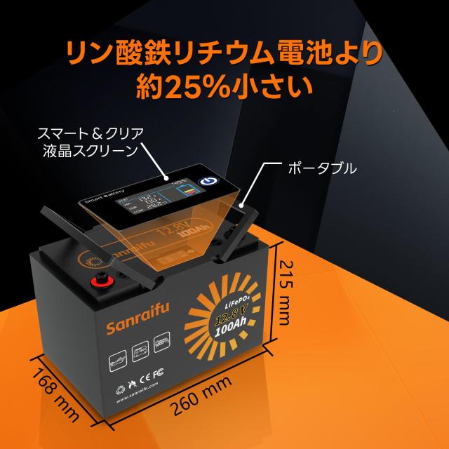 Sanraifu 12V 100Ah LiFePO4 リン酸鉄リチウムイオンバッテリー