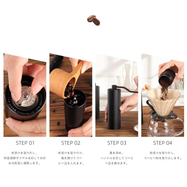 Sunnecko コーヒーミル 手動 手挽き コーヒーグラインダー ステンレス臼 36段階粗さ調整可能 ブラシ付き 容量25g アウトドア 持ち運びや_4