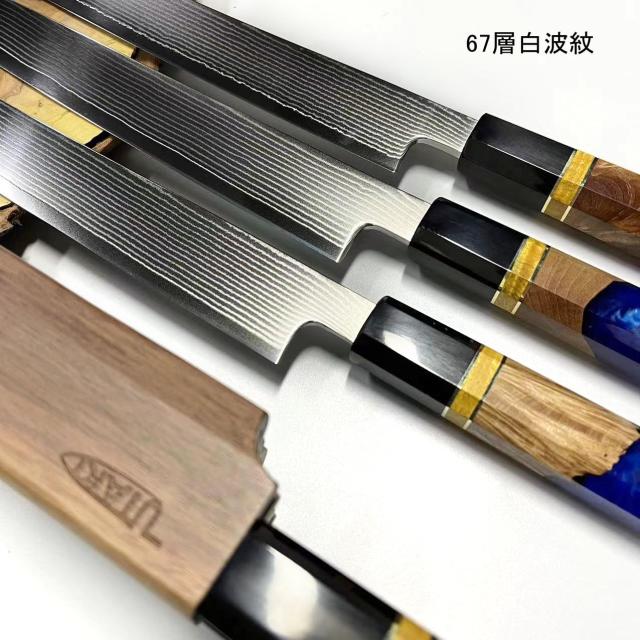 Utaki 鞘付ダマスカス関西型正夫柳刃包丁 67層白波流砂紋ダマスカス 265mm 【Deep Sea・海皇姫？】 VG-10号鋼芯 三段黄銅巻き黒牛角×渦_8