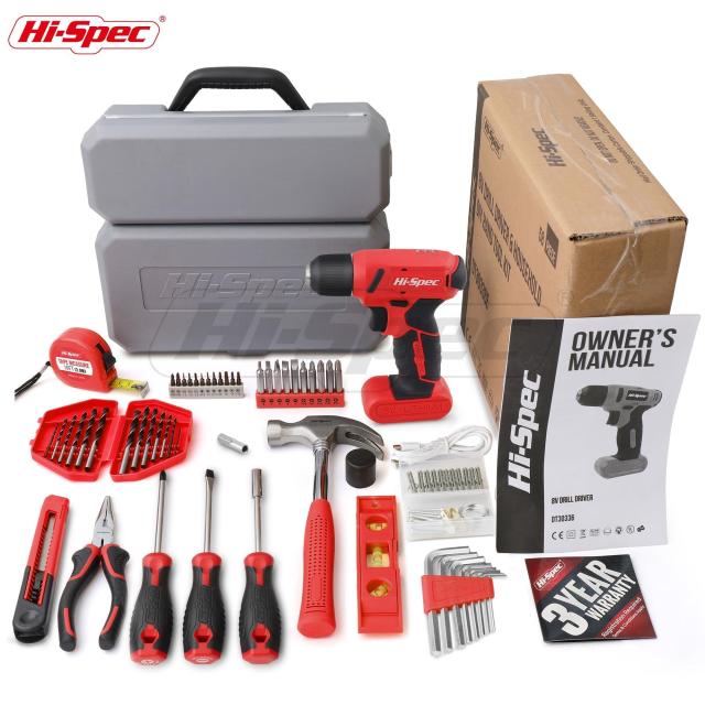 Hi-Spec 58点セット 電動ドライバー 付き 工具セット 赤 8V 電動ドリル