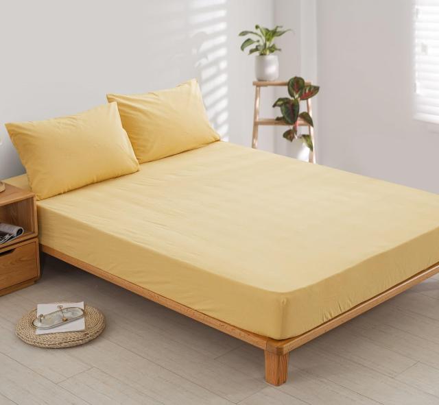ボックスシーツ キング 180x200x30cm オーガニックコットン 洗いざらしの綿100% ベッドシーツ BOXシーツ 防ダニ イエロー