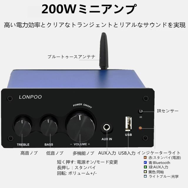 200W パワーアンプ bluetooth/光入力/同軸入力/USB入力/AUX入力 
