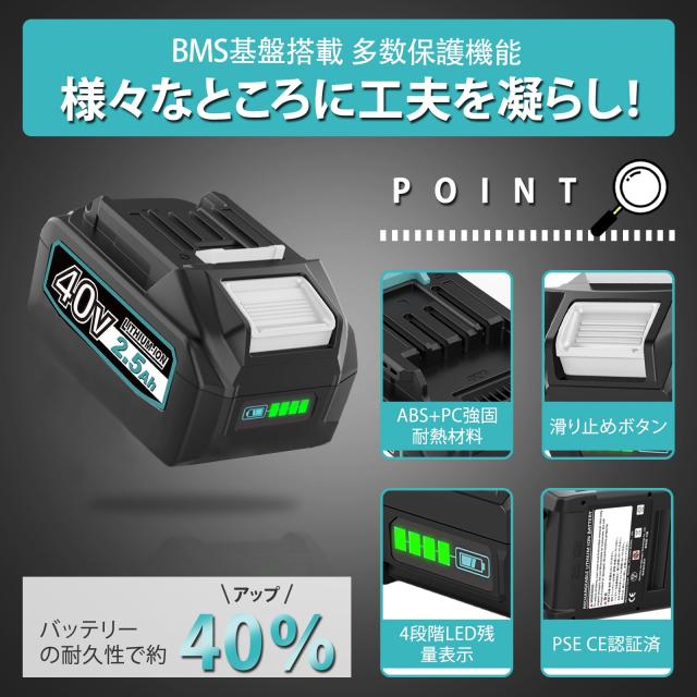 Boetpcr 互換 マキタ 40v バッテリー BL4025 2500mAh 1個 マキタ 
