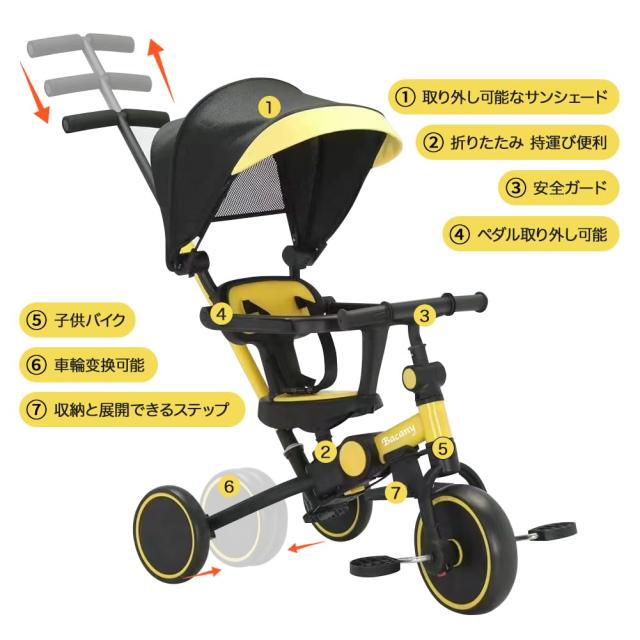 Bacany 子供用三輪車 7in1 三輪車 ステップ付き 折りたたみ 手押し棒 おしゃれ 1歳-6歳 ランニングバイク コンパクト 自転車 おもちゃ 乗_2