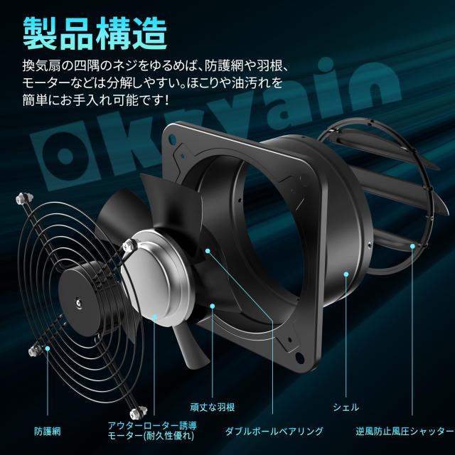 強化型換気扇 250mm 壁付け換気扇 風量調整可能 ダクトファン　ブラック Okryain 強化型換気扇 250mm 壁付け換気扇 家庭用工業換気扇 風量調整