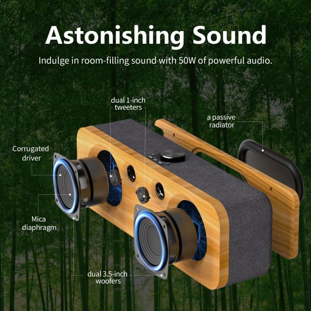 DOSS SoundBox H200 Bluetooth スピーカー 竹製 50Wパワフルなサウンド