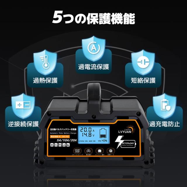 全自動パルスバッテリー充電器 LVYUAN(リョクエン)（正規品）自動パルスバッテリー充電器 定格20A 12V/24V対応 維持充電 緊急時 全自動_5