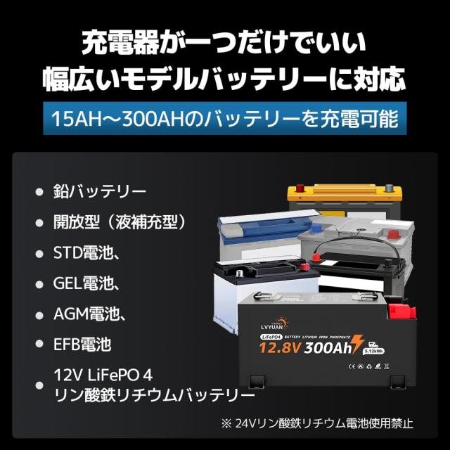 リョクエン（LVYUAN）【正規品】 全自動パルスバッテリー充電器 定格30A 12V/24V鉛/12Vリチウム電池両用 パルス充電器 パルス修復 [ PSE_2