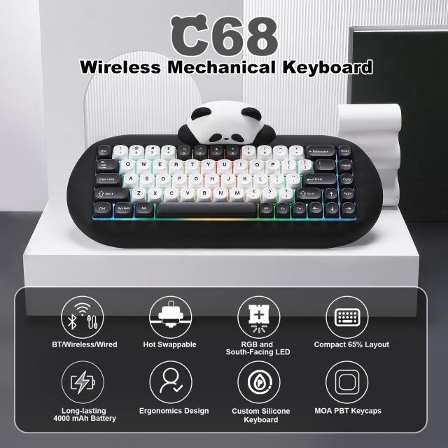 YUNZII C68 ワイヤレスメカニカルキーボード かわいいパンダ 65％ 無線 ホットスワップ シリコーン 人間工学 ゲーミングキーボード三つモ_1