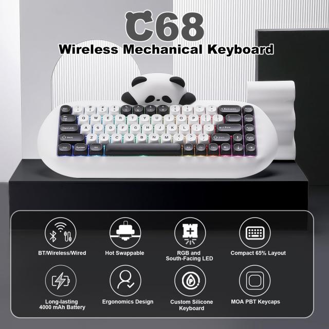 YUNZII C68 ワイヤレスメカニカルキーボード かわいいパンダ 65％ 無線