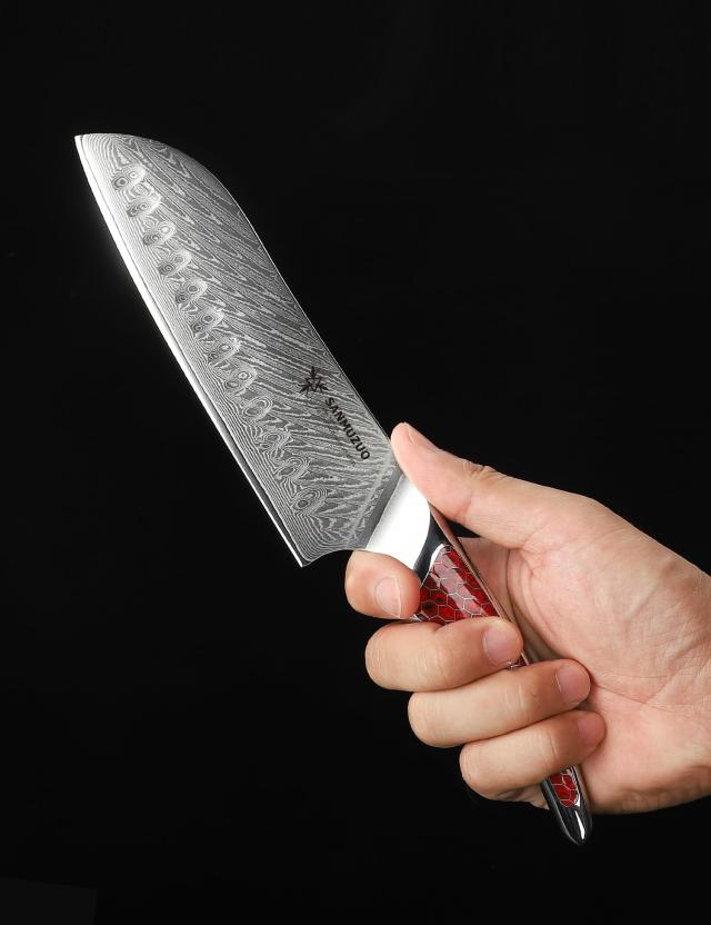 SANMUZUO 7 インチ 三徳包丁、超鋭利ダマスカス鋼シェフナイフ、フルタングハンドル付きキッチンナイフ、レッドレジン、 LA-S9 シリーズ_4