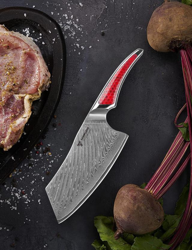 SANMUZUO 7 インチ ナキリナイフ、超鋭利なダマスカス鋼肉切り包丁