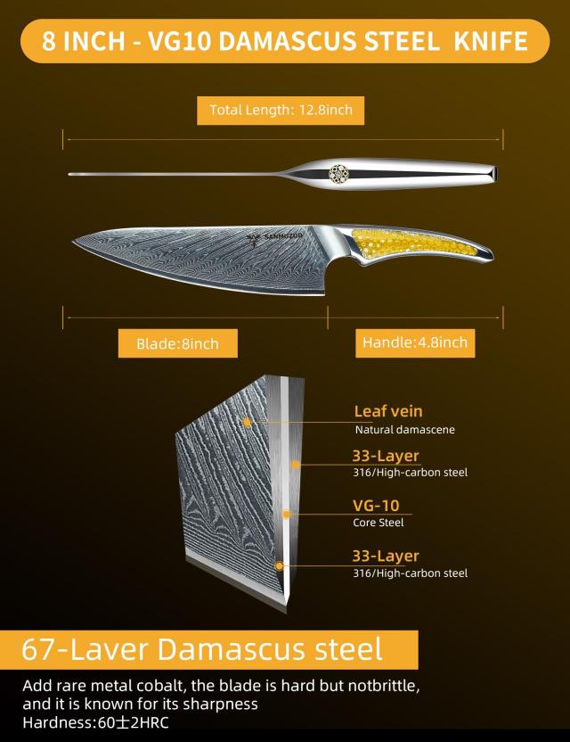 SANMUZUO 8 インチ シェフナイフ、超鋭利ダマスカス鋼キッチンナイフ、イエロー樹脂のフルタングハンドル付き調理ナイフ、LA-S9 シリーズ