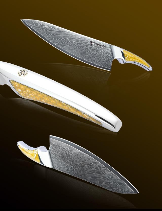 SANMUZUO 8 インチ シェフナイフ、超鋭利ダマスカス鋼キッチンナイフ、イエロー樹脂のフルタングハンドル付き調理ナイフ、LA-S9 シリーズ