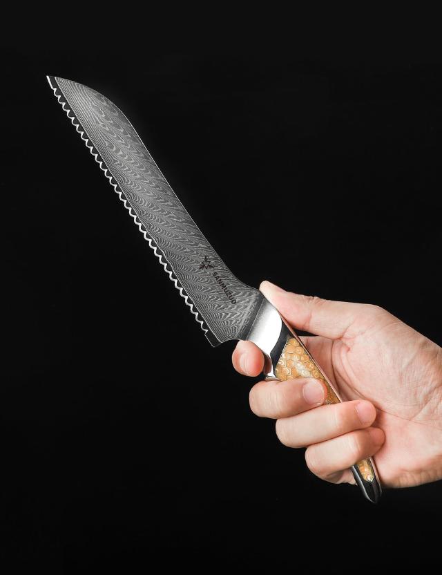 SANMUZUO 8 インチ 鋸歯状ブレッドナイフ、超鋭利ダマスカス鋼キッチン