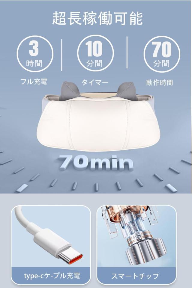 ネックケア 首・肩・腰・お尻・背中・太もも パワフル手揉み感覚 温熱ヒーター機能 大容量バッテリー コードレス USB充電式 強度調節 静