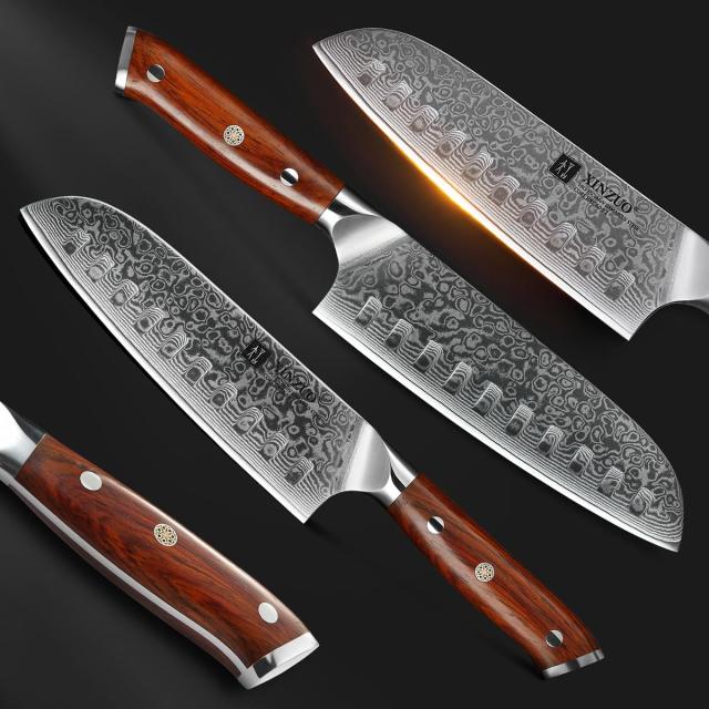 XINZUO ダマスカス鋼Santokuナイフ18cm 三徳包丁-専門シェフナイフ多