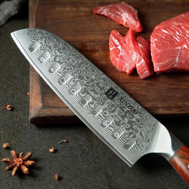 XINZUO ダマスカス鋼Santokuナイフ18cm 三徳包丁-専門シェフナイフ多