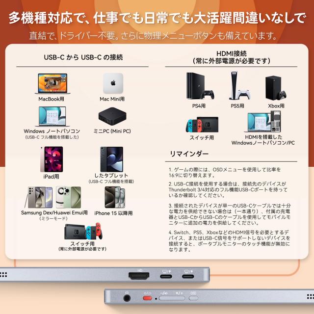 Intehill モバイルモニター 4K+ 13.4 インチ タッチパネル IGZO ノングレア 護眼 超高精細338PPI（3840x2400）16:10黄金比 500ニット 超