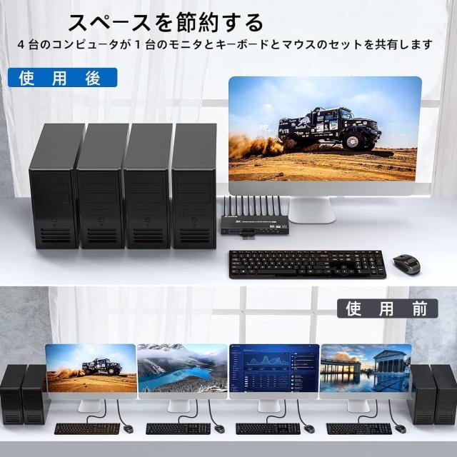 HDMI KVM切替器 4ポート、4入力1出力 PC切替器 4K@60Hz、4つUSB3.0ハブ備えたKVM HDMI 4ポートスイッチャー、EDID管理、ワイヤレスキーボ_2