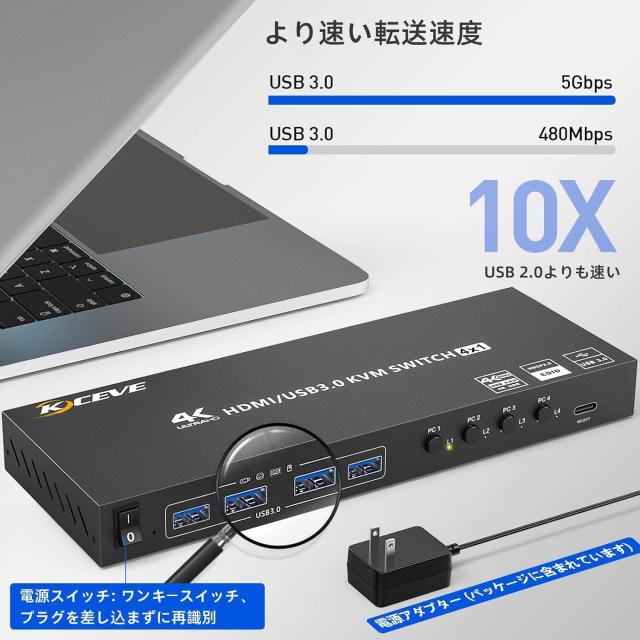 HDMI KVM切替器 4ポート、4入力1出力 PC切替器 4K@60Hz、4つUSB3.0ハブ備えたKVM HDMI 4ポートスイッチャー、EDID管理、ワイヤレスキーボ_5