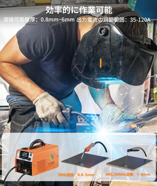 HITBOX 半自動溶接機 100V 120A ノンガスMIG アーク溶接 LIFT TIG 1台3役 定格使用率40％ インバーター直流 液晶表示 ミグ溶接 DIY 初心_2