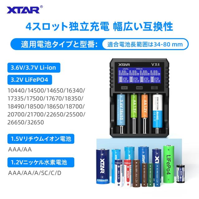 XTAR VX4電池充電器 単三？単四 1.5Vリチウム電池/1.2Vニッケル水素/3.6V /3.7V Li-ion/3.2V LiFePO4 14500 18650 21700 26650充電池を同