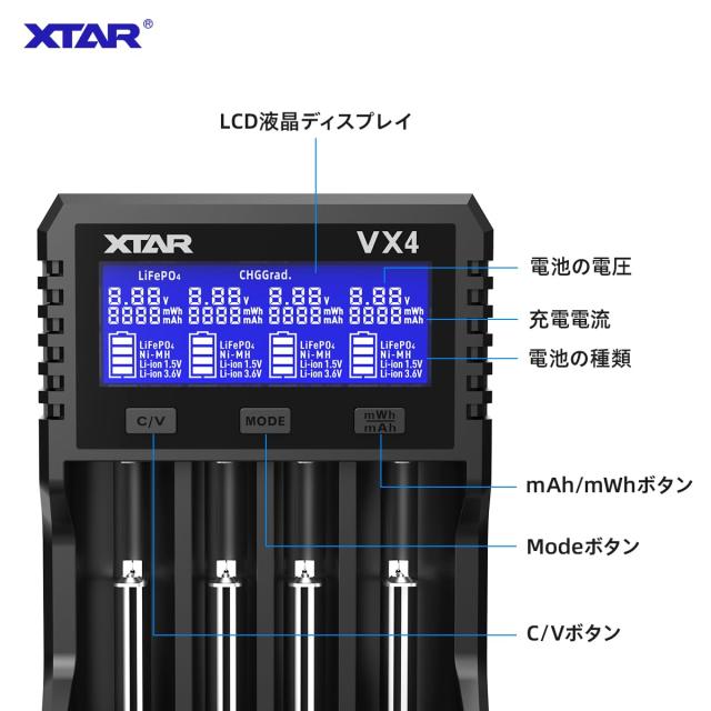 XTAR VX4電池充電器 単三？単四 1.5Vリチウム電池/1.2Vニッケル水素/3.6V /3.7V Li-ion/3.2V LiFePO4 14500 18650 21700 26650充電池を同