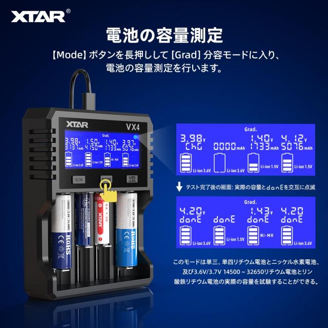 XTAR VX4電池充電器 単三？単四 1.5Vリチウム電池/1.2Vニッケル水素/3.6V /3.7V Li-ion/3.2V LiFePO4 14500 18650 21700 26650充電池を同
