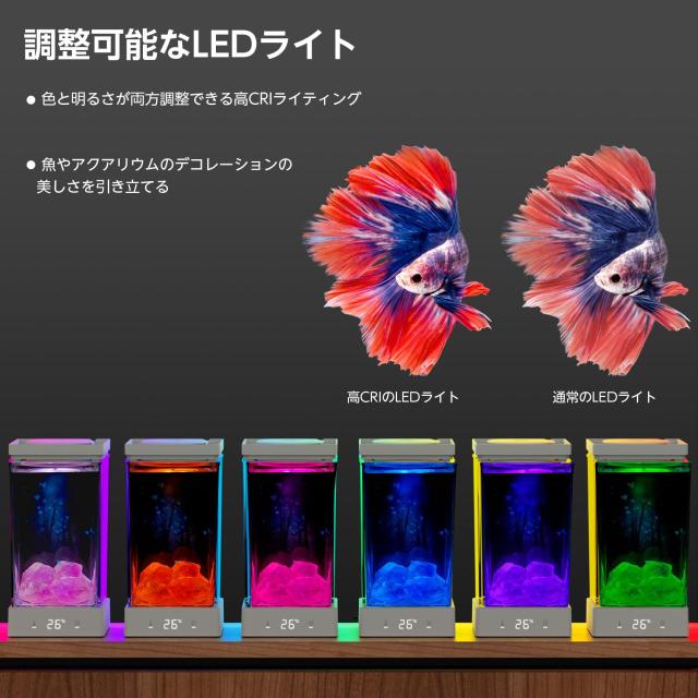 小型ベタ水槽 1.4Lコンパクト水槽キット 20-30°C温度設定 LEDライト
