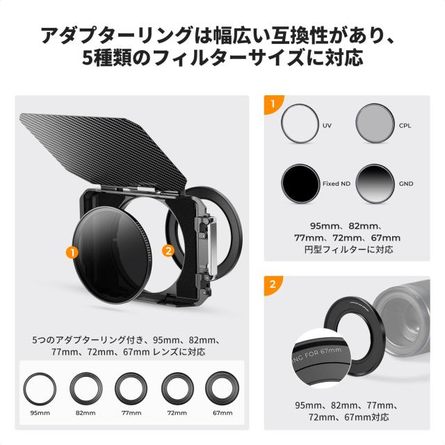 K＆F Concept ミニマットボックス 4x5.65インチ Mini Matte Box カーボンファイバー製 67mm/72mm/77mm/82mm/95mmのアダプターリング付き 2_3