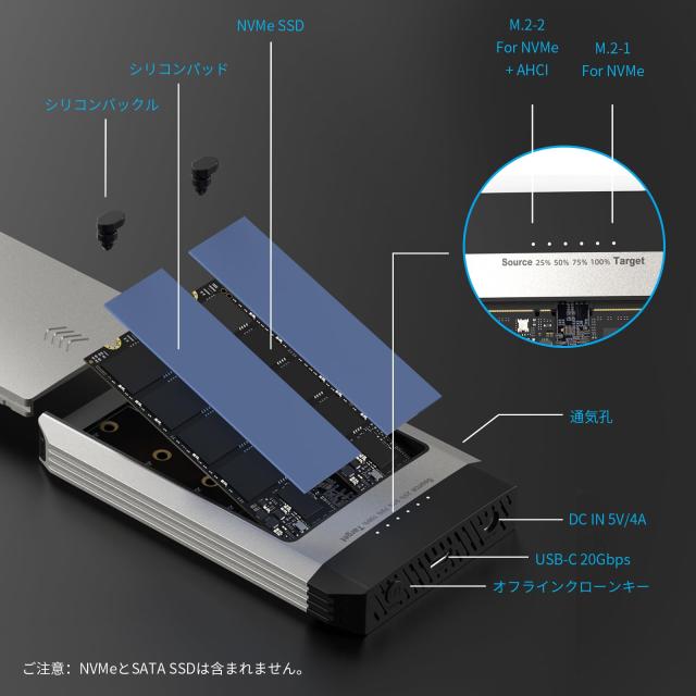 WAVLINK NVMeクローナー、20Gbps M.2デュプリケータ・デュアルベイ・オフラインクローン・ツール不要、放熱付きM.2クローナー、SSD PCIe