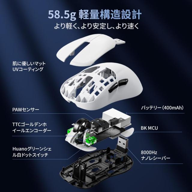 DELUX M500PRO ゲーミングマウス 無線、60.5g軽量、8000Hzポーリングレート、小手用、3モード接続、PAW3395センサー26000DPI、クリック寿_3