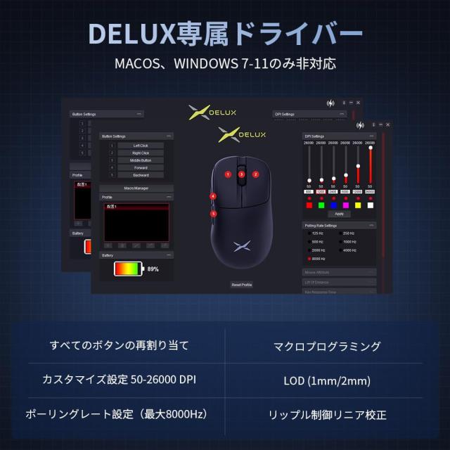 DELUX M500PRO ゲーミングマウス 無線、60.5g軽量、8000Hzポーリングレート、小手用、3モード接続、PAW3395センサー26000DPI、クリック寿_8